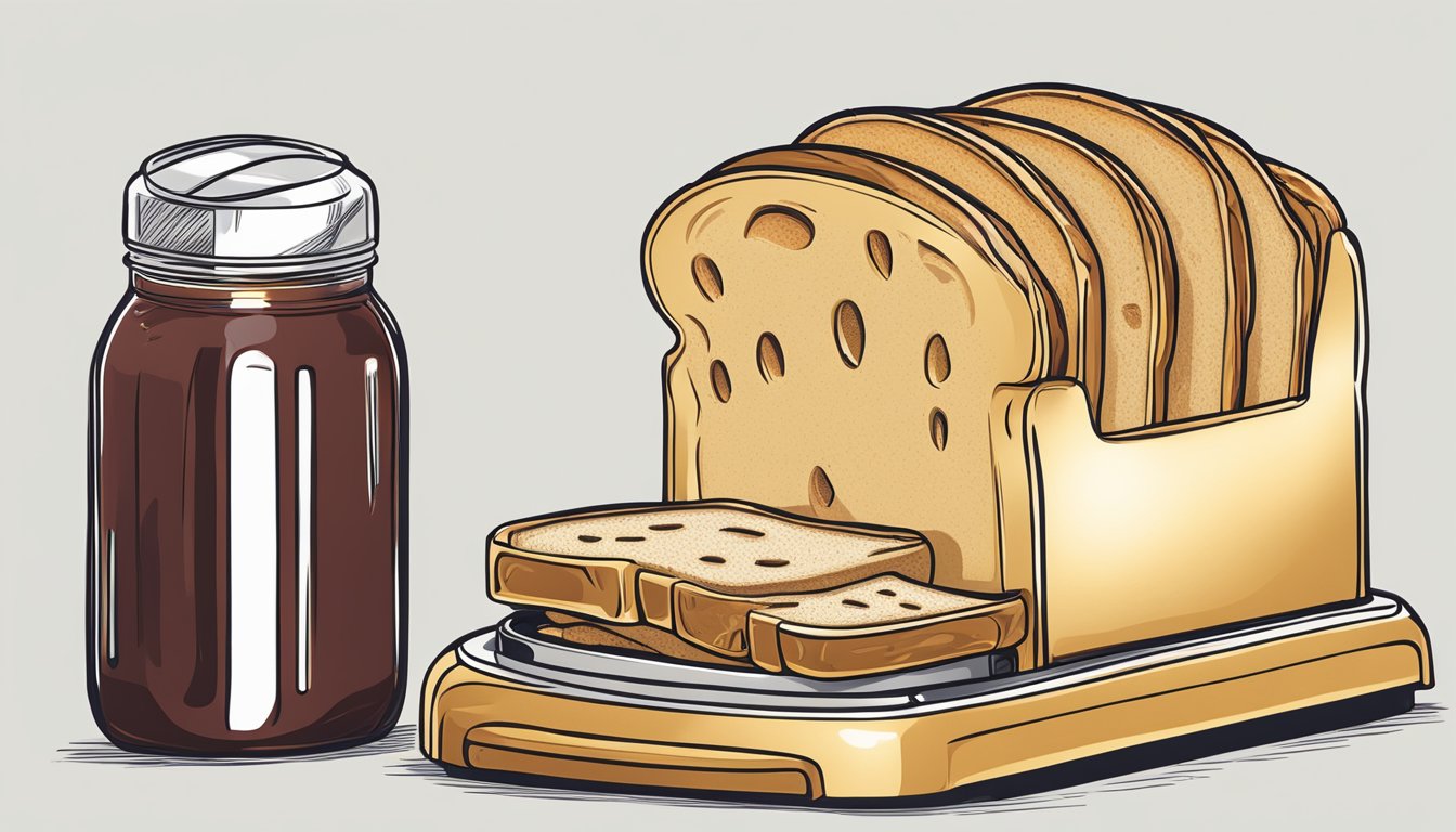 Bread slices pop out of a toaster, golden and crisp. A jar of jam and a slab of butter sit nearby, ready to be spread