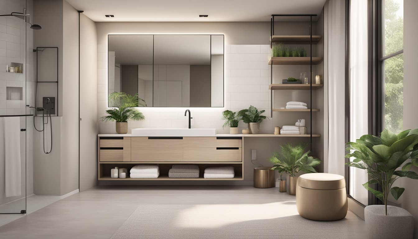 A modern bathroom with sleek fixtures, clean lines, and ample storage. Neutral color palette with pops of greenery. Minimalist accessories and soft lighting