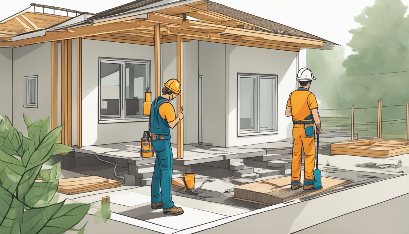 A construction worker renovating a house with eco-friendly materials, while a DBS representative explains the benefits of the Eco-Aware Renovation Loan