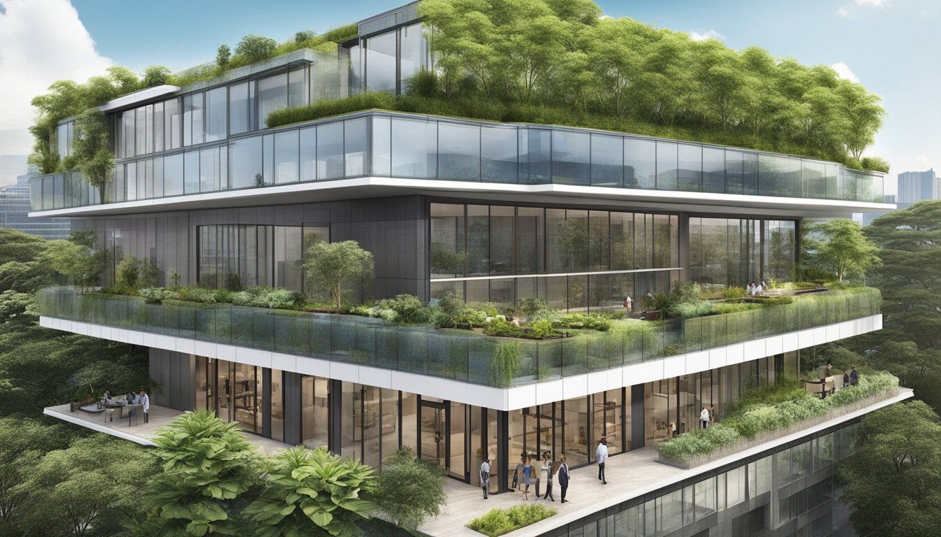 A modern, eco-friendly building with solar panels, green rooftop gardens, and energy-efficient windows. The building is located in Singapore and showcases DBS's commitment to sustainability through its eco-aware renovation loan status
