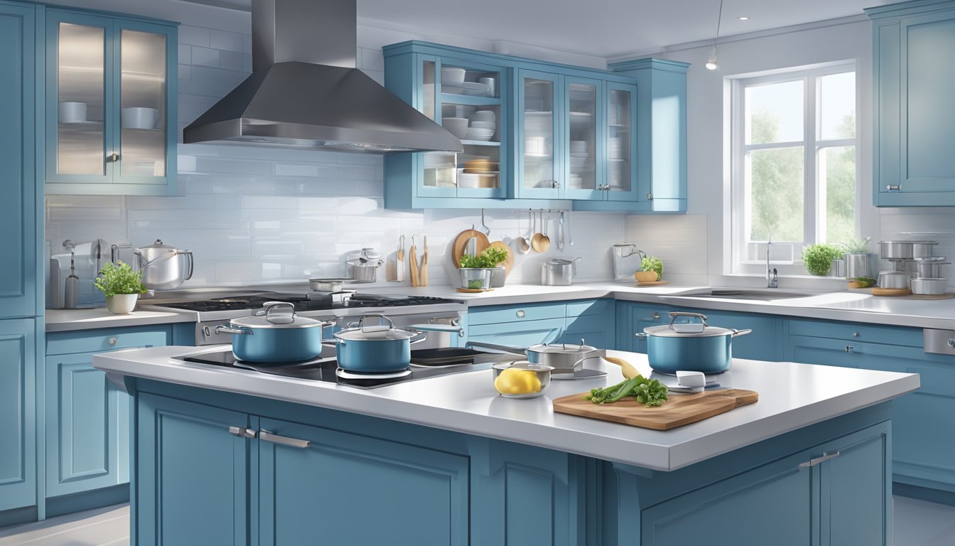 A modern kitchen with induction cookware in use, with sleek and stylish pots and pans on the stove, emitting a soft blue glow