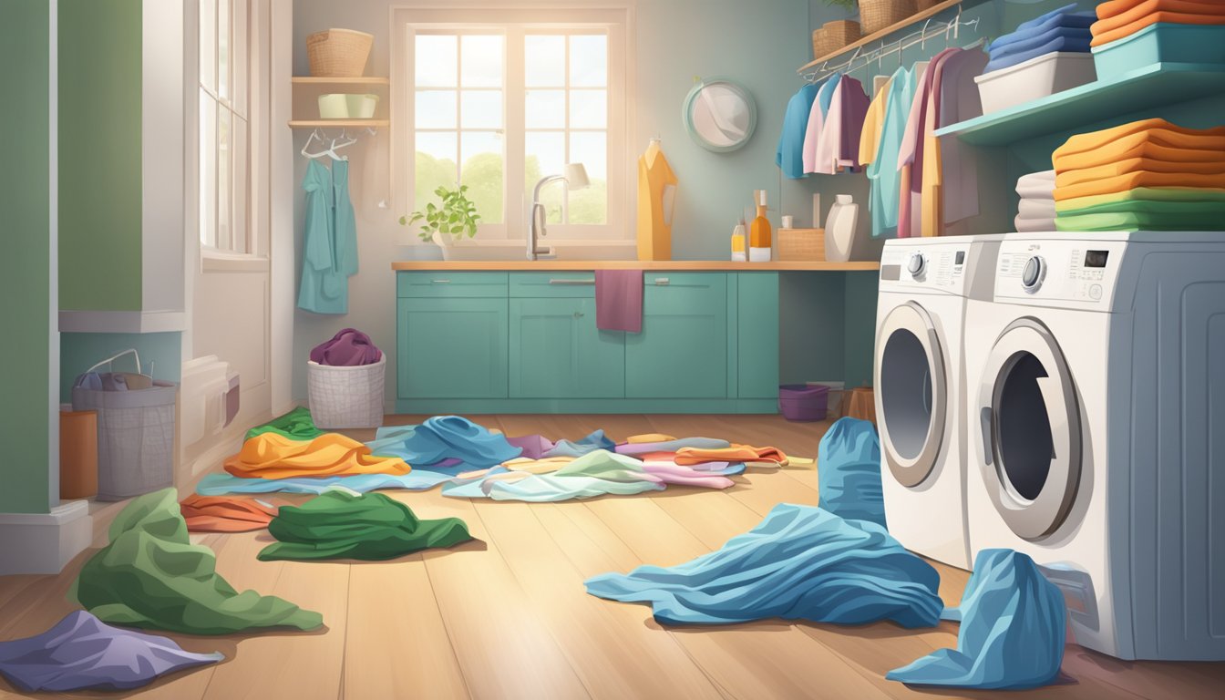 Clothes scattered around open laundry containers, detergent spilled on the floor, a washing machine and dryer in the background