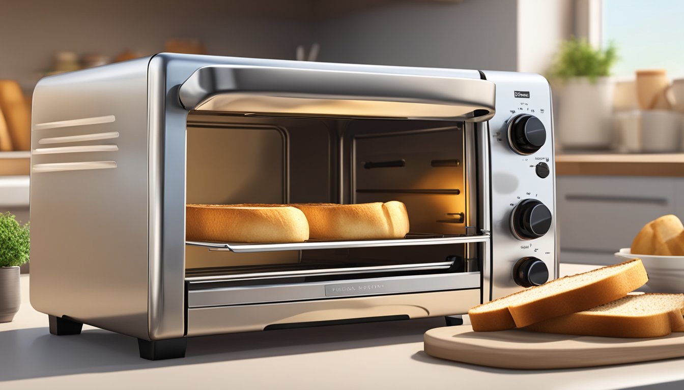 A toaster oven sits on a kitchen counter, with slices of bread inside, turning golden brown as they toast