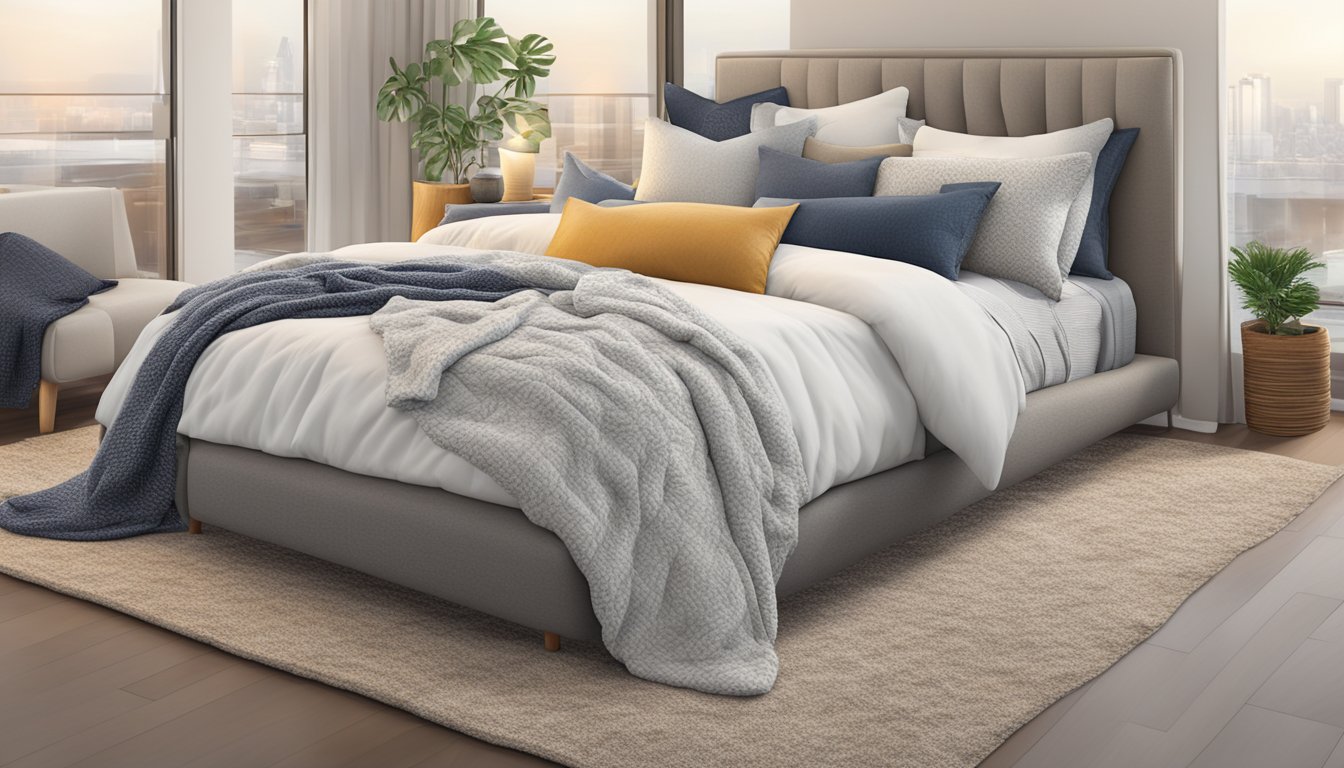 A cozy bed with multiple pillows of different sizes and textures arranged neatly