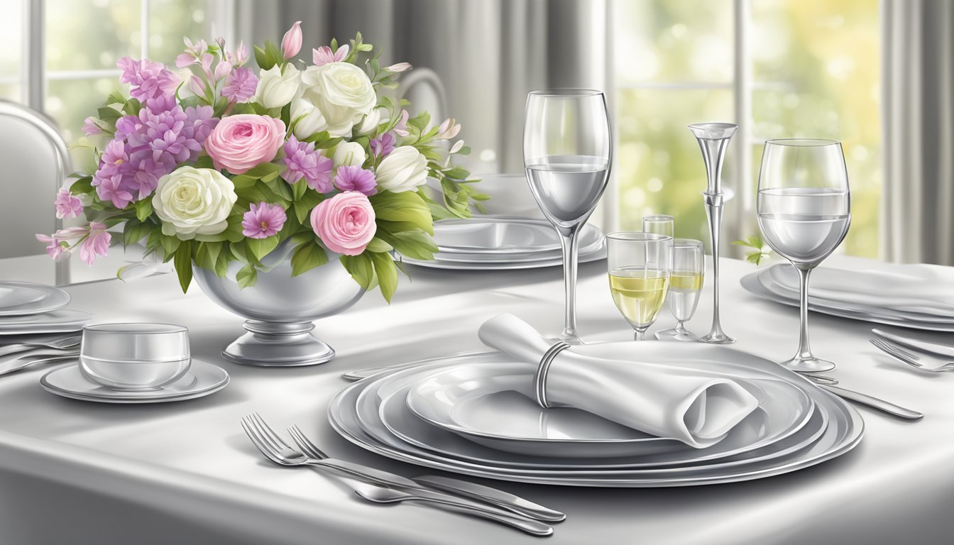 A set dinner table with a white tablecloth, polished silverware, elegant glassware, and a centerpiece of fresh flowers