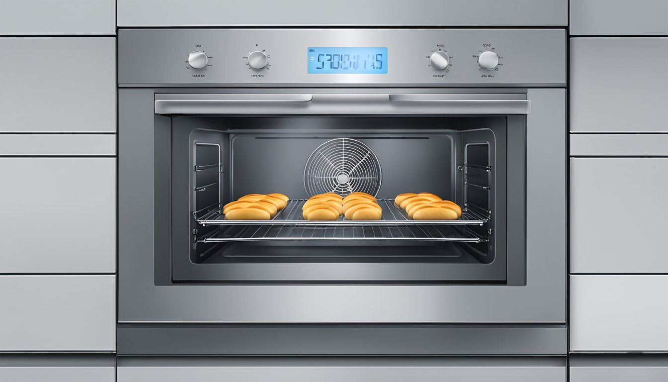 An oven with a glass door, digital display, and control knobs. Shelves inside with a baking tray and wire rack. Light and fan symbols on the display