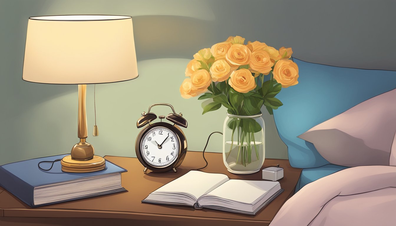 A lamp, alarm clock, and book rest on a bedside table. A phone charger and a small vase of flowers complete the scene