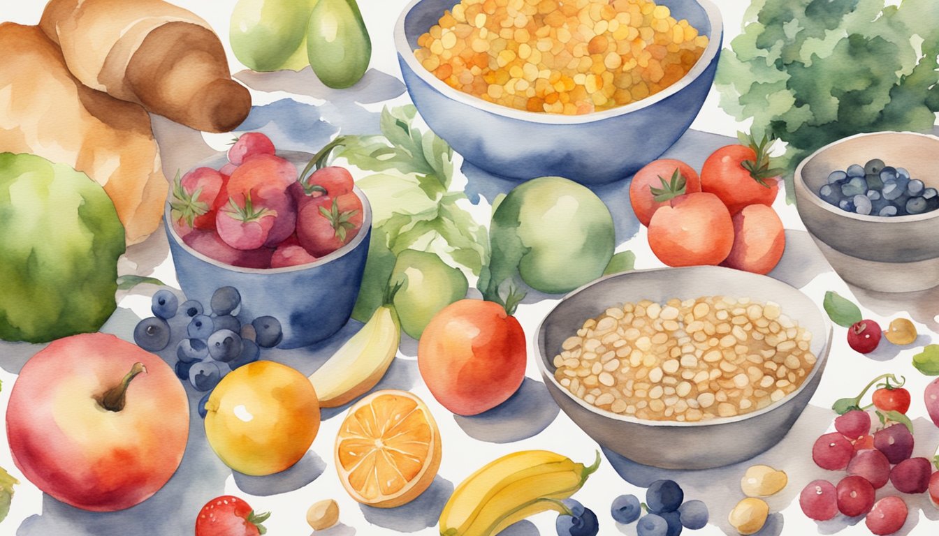 A variety of food items scattered on a table, including fruits, vegetables, grains, and proteins, with a person's hand mixing them together in a bowl