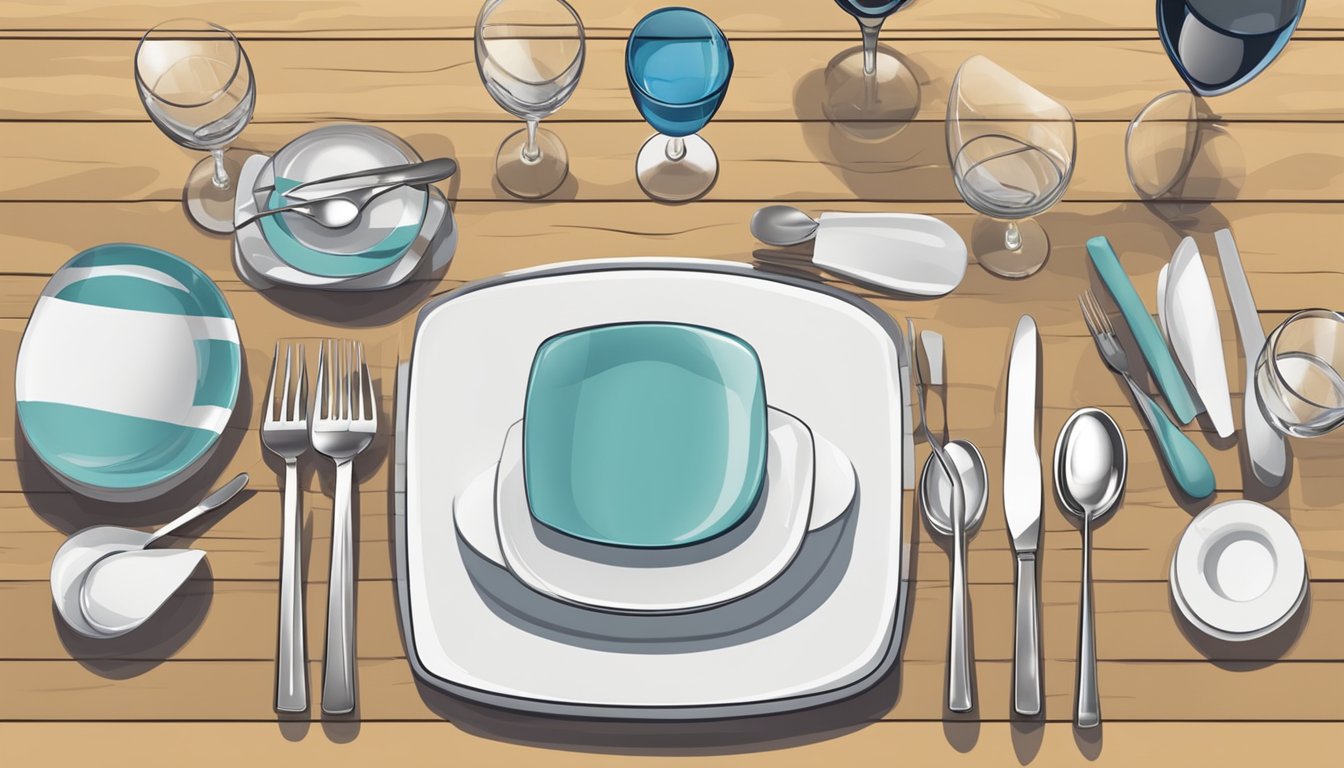 A table is being set for dinner with plates, utensils, and glasses arranged neatly