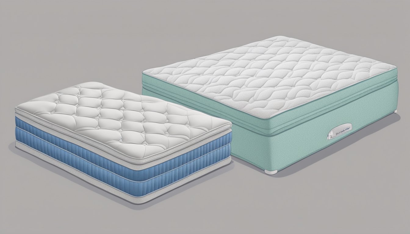 Two mattresses side by side. Full size is smaller, while king size is much larger. Show the difference in size and scale