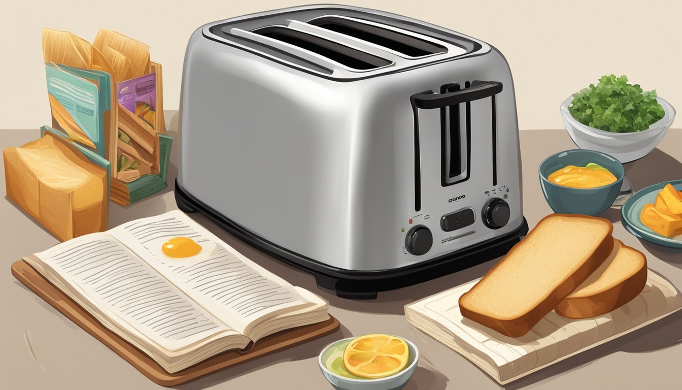 A toaster surrounded by recipe books and ingredients, with a slice of bread popping out golden brown