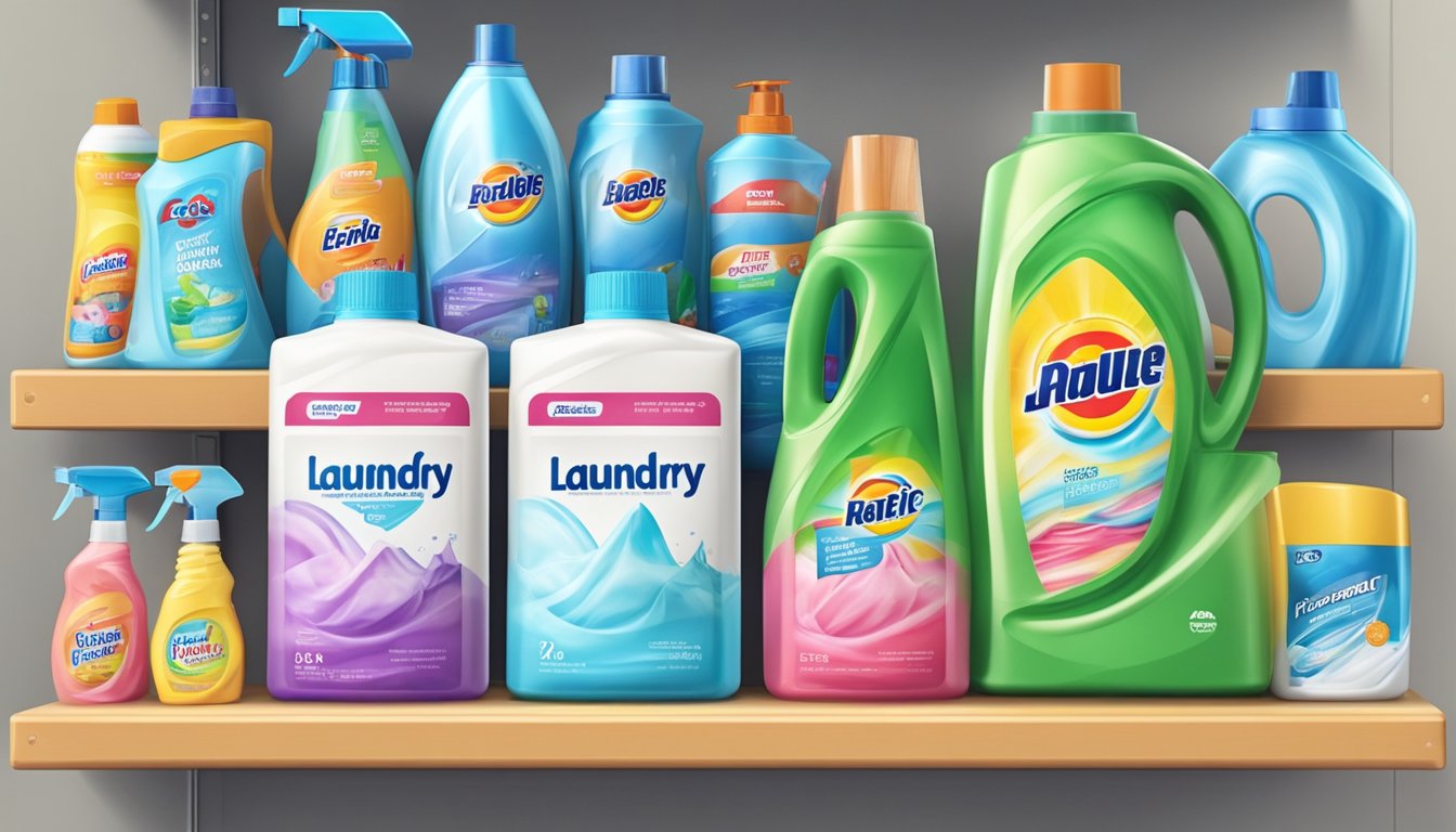 Colorful laundry containers neatly arranged on a shelf, with detergent, fabric softener, and stain remover displayed nearby