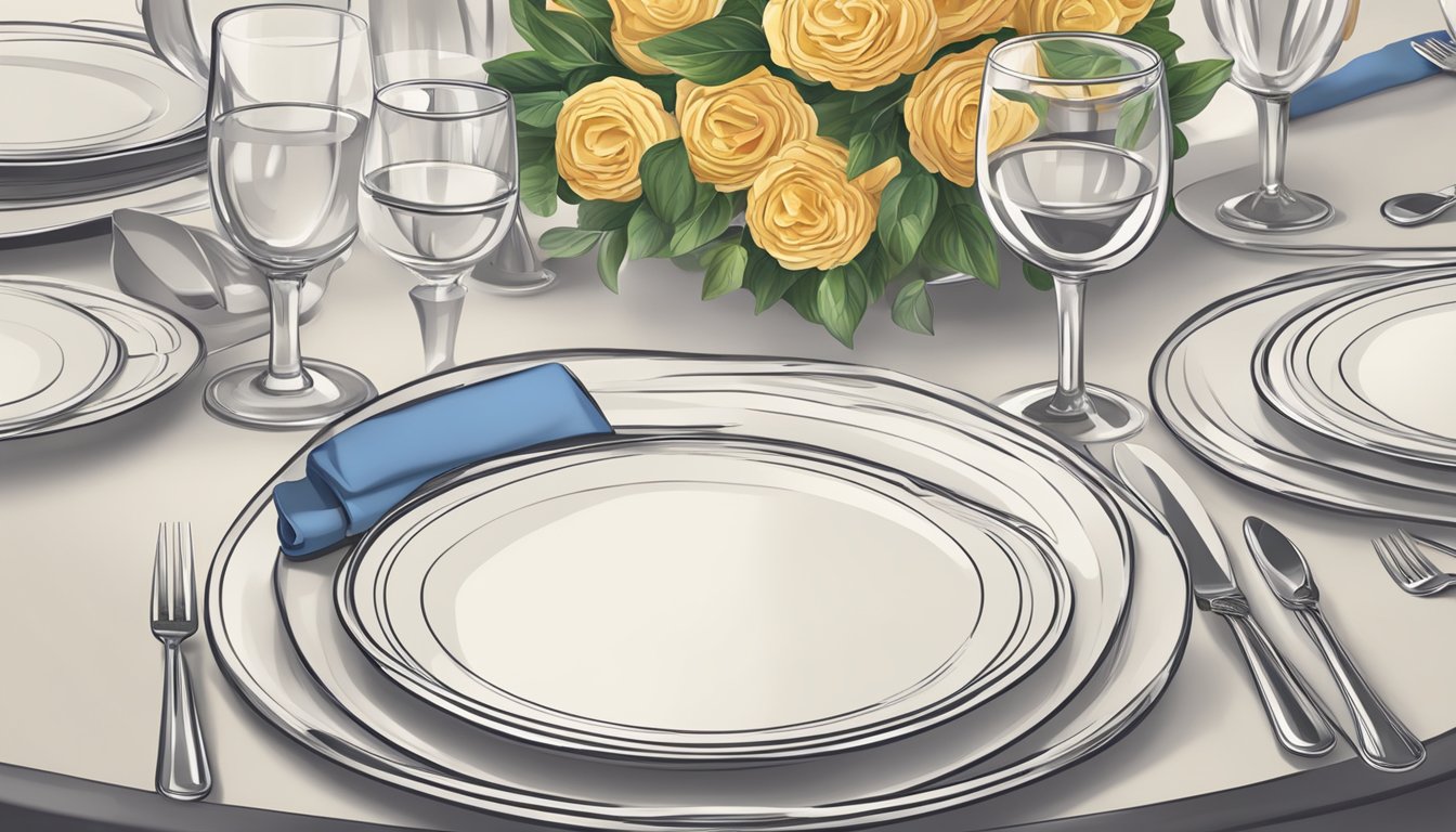 A set dinner table with plates, glasses, and silverware arranged neatly