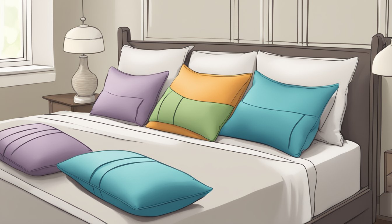 A variety of pillows arranged on a bed, with labels indicating their recommended uses for health and comfort considerations