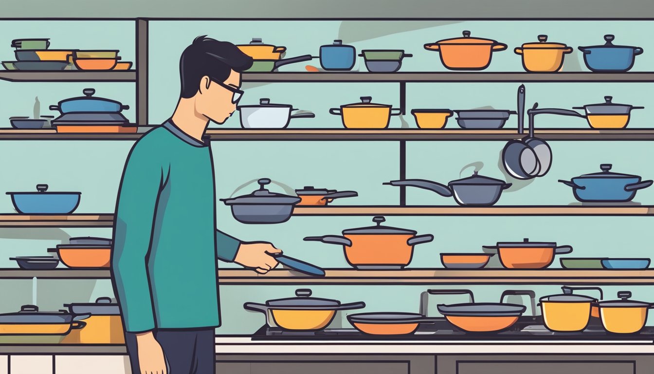 A person examines induction cookware in a modern kitchen store in Singapore. Shelves display various pots, pans, and utensils designed for induction cooking