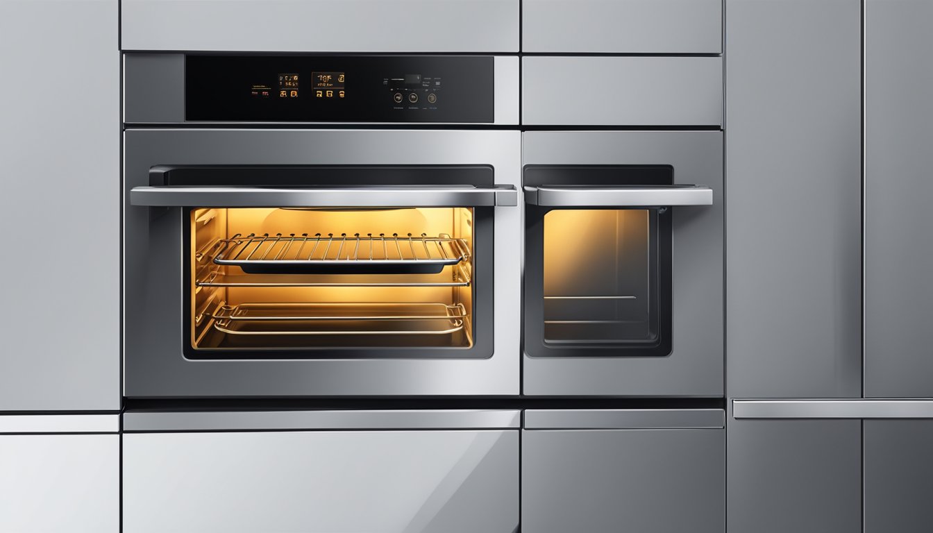 A hand reaches for a sleek stainless steel oven, its digital display glowing. The oven door is open, revealing a spacious interior with adjustable racks