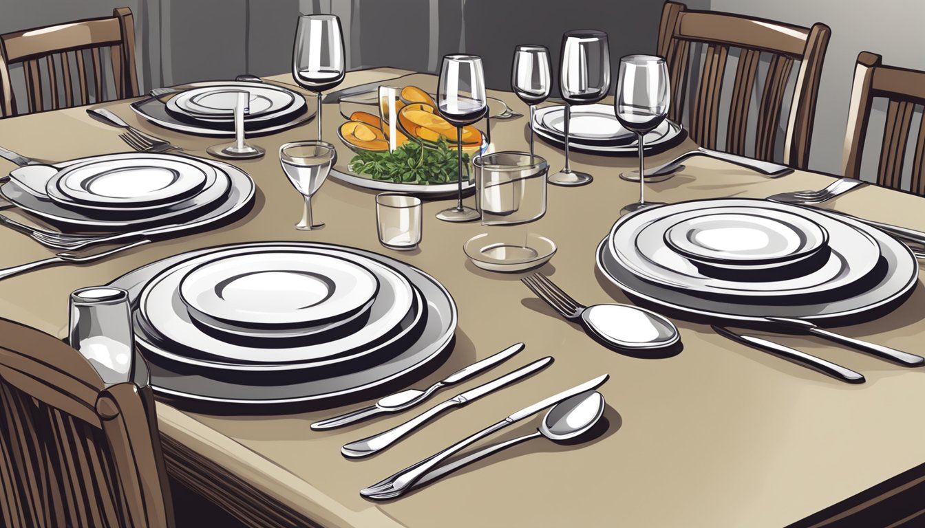 A neatly set dinner table with plates, utensils, and glasses arranged in an organized manner