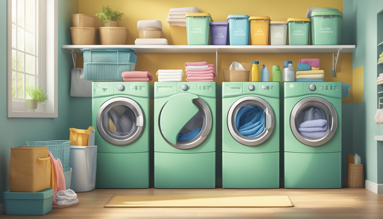 Several laundry containers with "Frequently Asked Questions" labels stacked neatly in a bright, organized laundry room