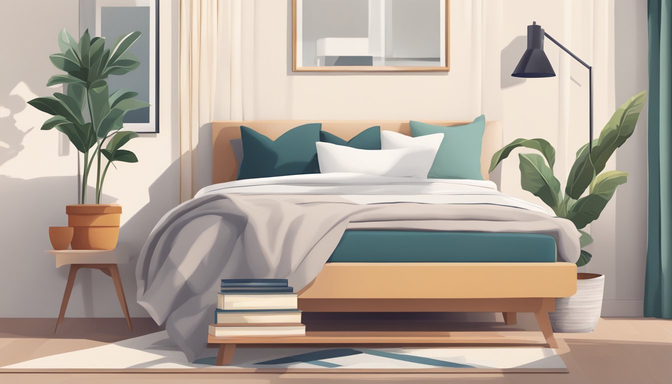 A bedside table with a sleek lamp, a stack of books, and a potted plant sits next to a cozy bed with fluffy pillows and a soft throw blanket