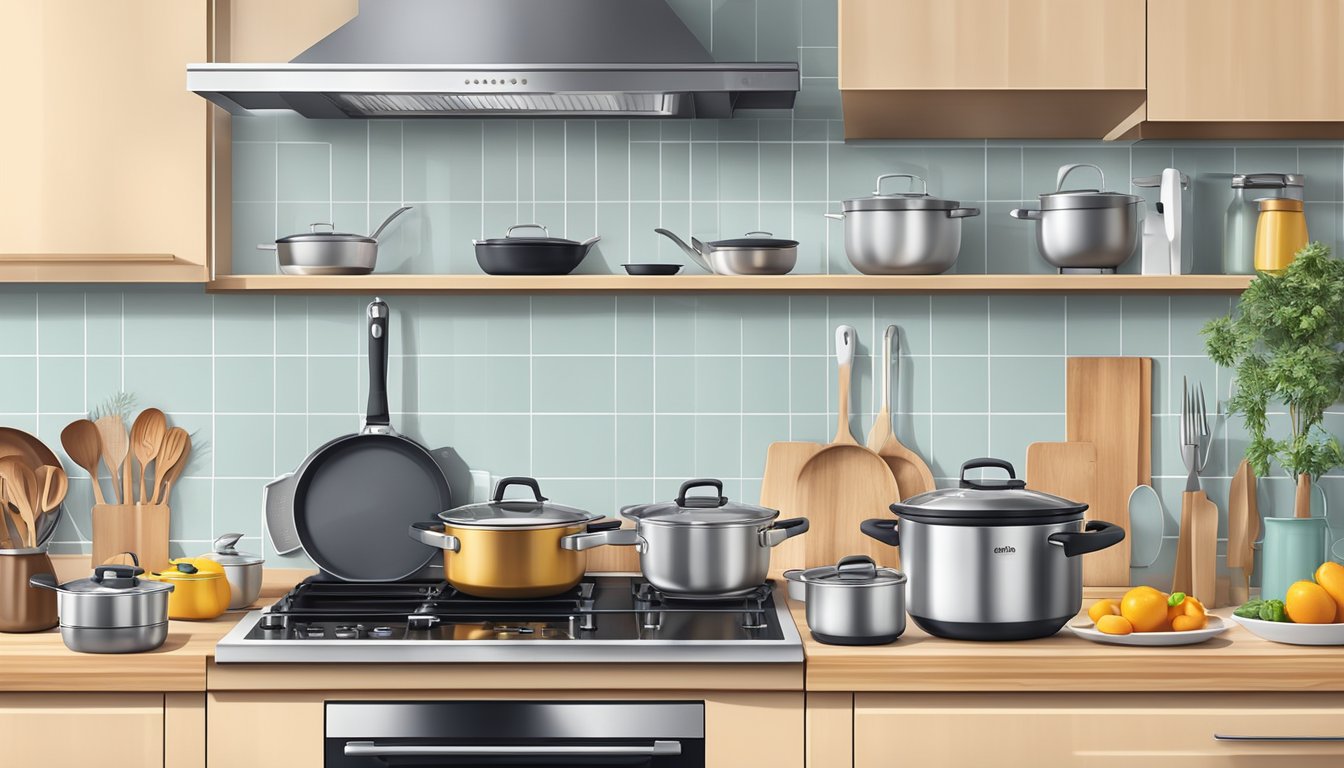 A modern kitchen with sleek induction cooktop, surrounded by a variety of high-quality induction cookware and utensils neatly organized on the countertop