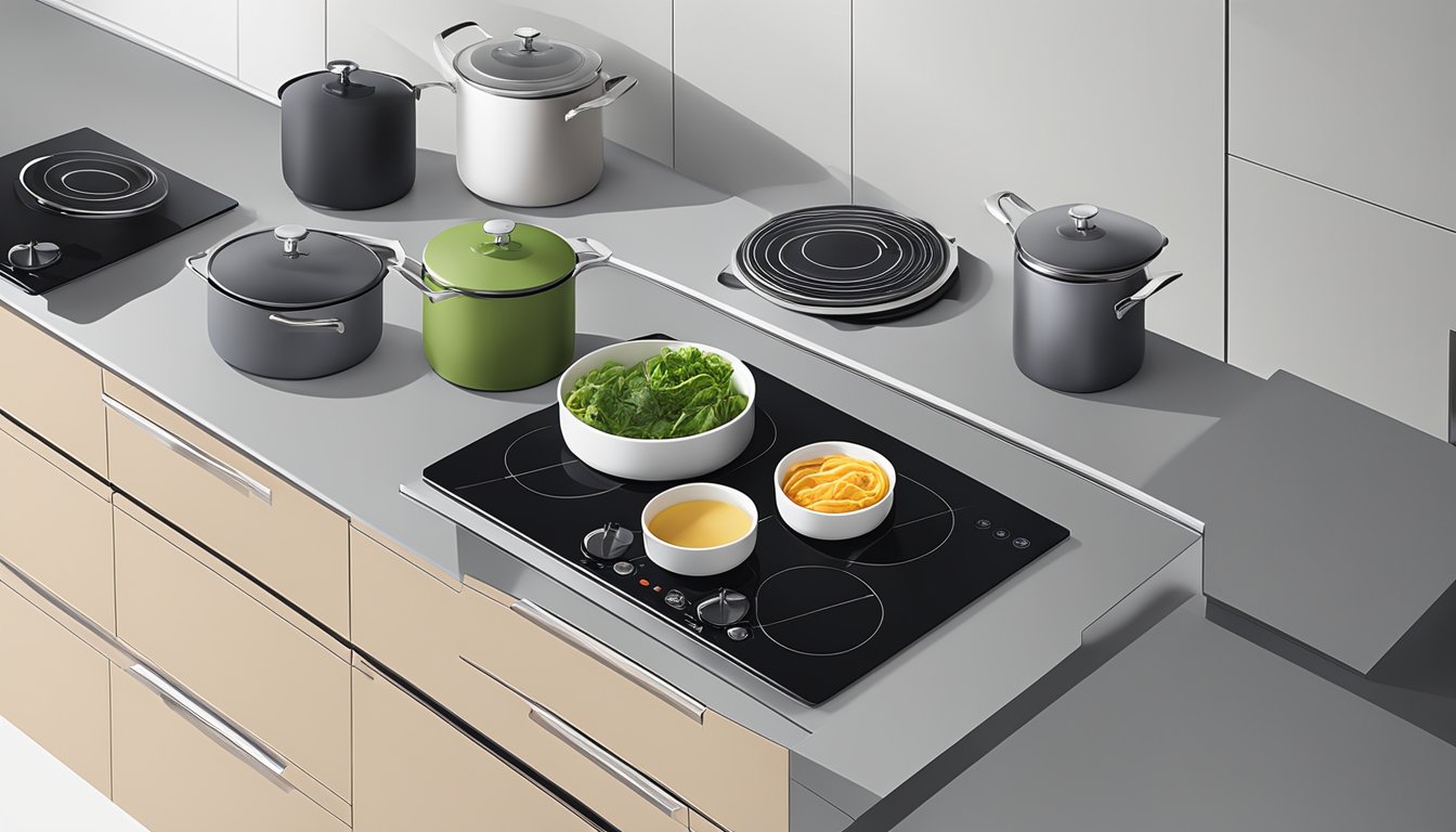 A modern kitchen with induction cookware neatly arranged on a sleek countertop in Singapore