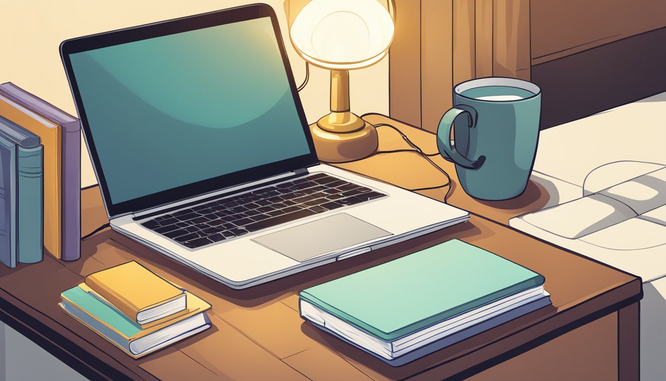 A laptop, a stack of books, and a lamp sit on a bedside table, with a mug and a notepad nearby