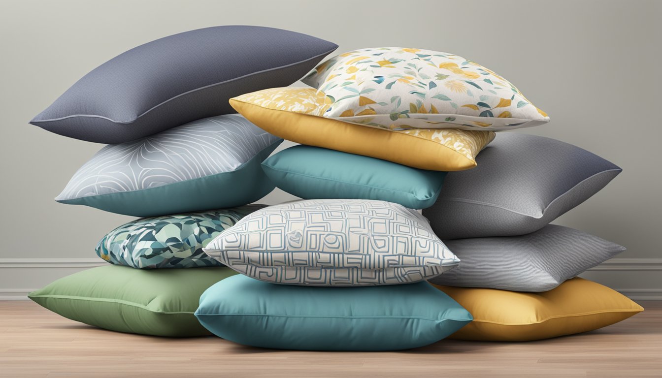 A stack of pillows with "Frequently Asked Questions" printed on them, surrounded by various pillow options