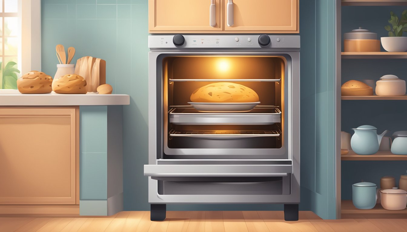 An oven with open door, emitting warm light, surrounded by baking utensils and a timer set for baking