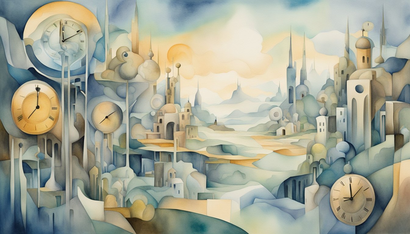 A surreal landscape with melting clocks, distorted objects, and dreamlike imagery influenced by Cubism, Futurism, and Surrealism