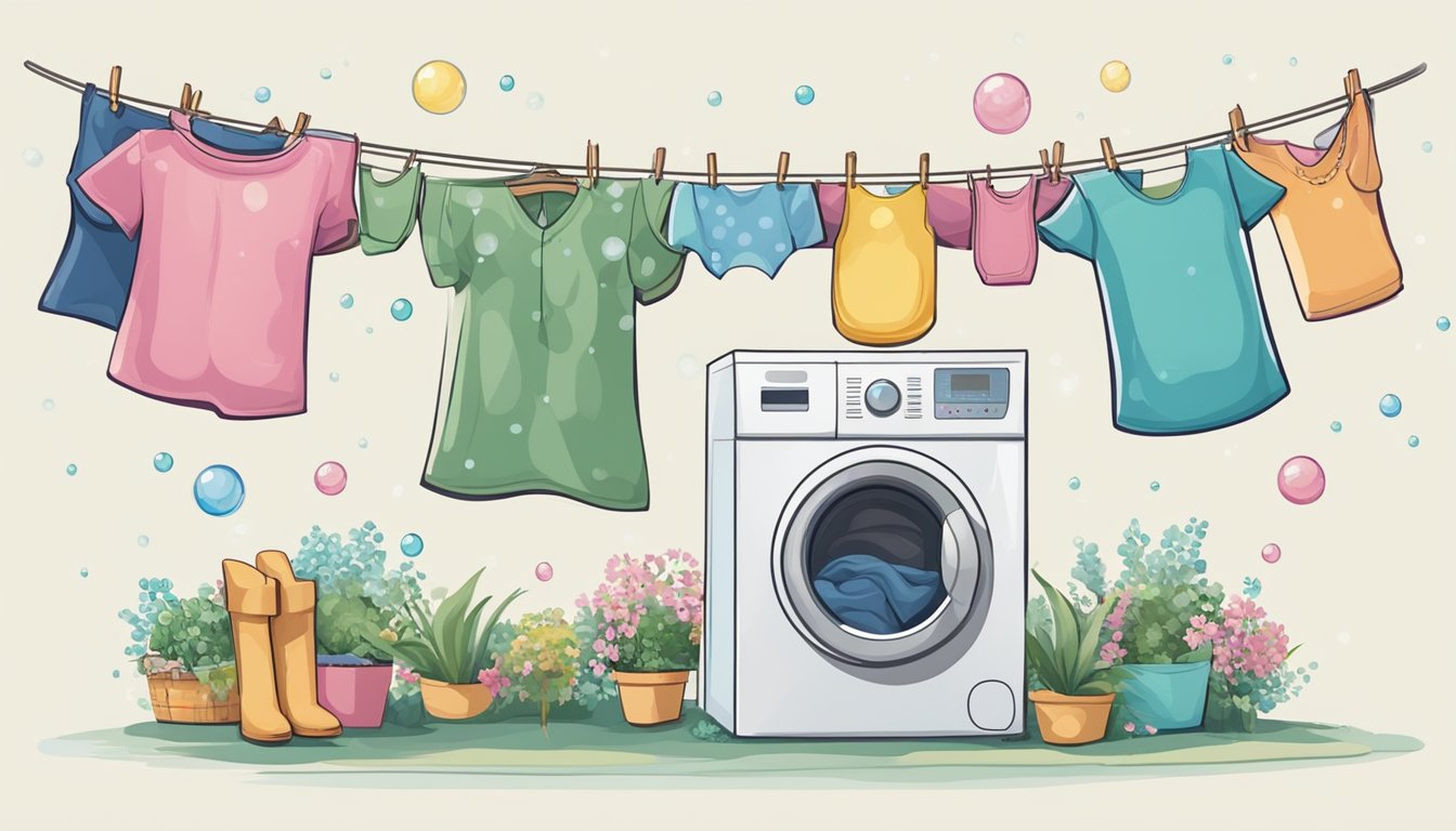 A clothesline with various garments hanging, surrounded by bubbles and a washing machine, symbolizing cleanliness and freshness