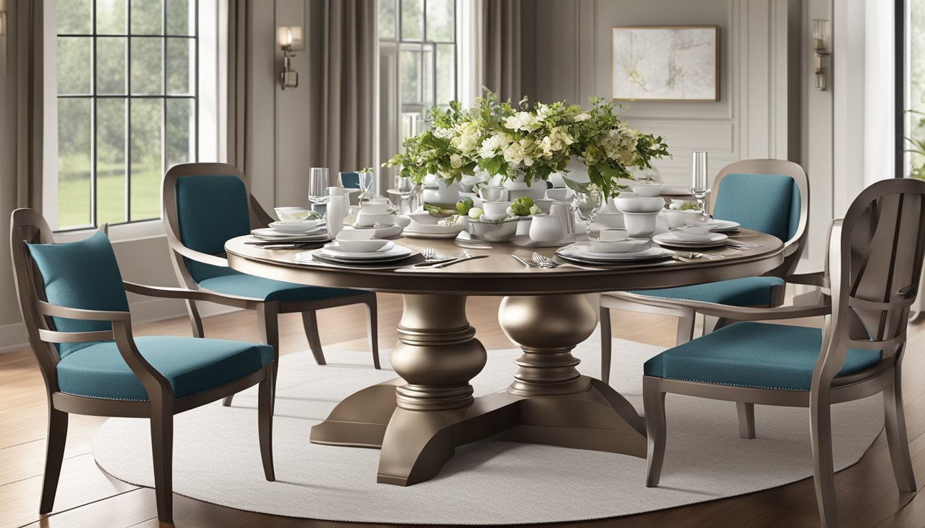 A round dining table set with elegant place settings, a centerpiece, and comfortable chairs arranged around it