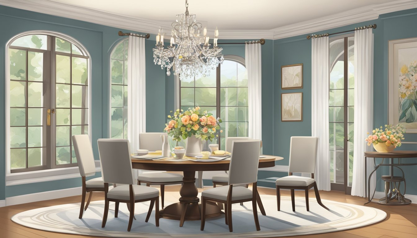 A round dining table set with four chairs, a floral centerpiece, and a tablecloth, set in a well-lit dining room with a window and a chandelier