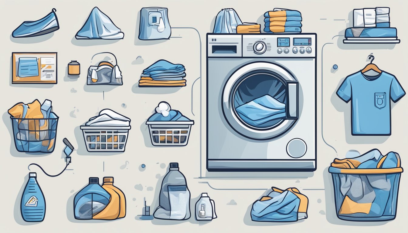 A pile of laundry with various symbols and logos, including a washing machine, water temperature, and drying instructions