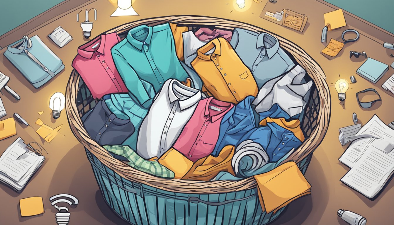 A laundry basket overflowing with clothes, surrounded by question marks and a lightbulb symbolizing FAQs