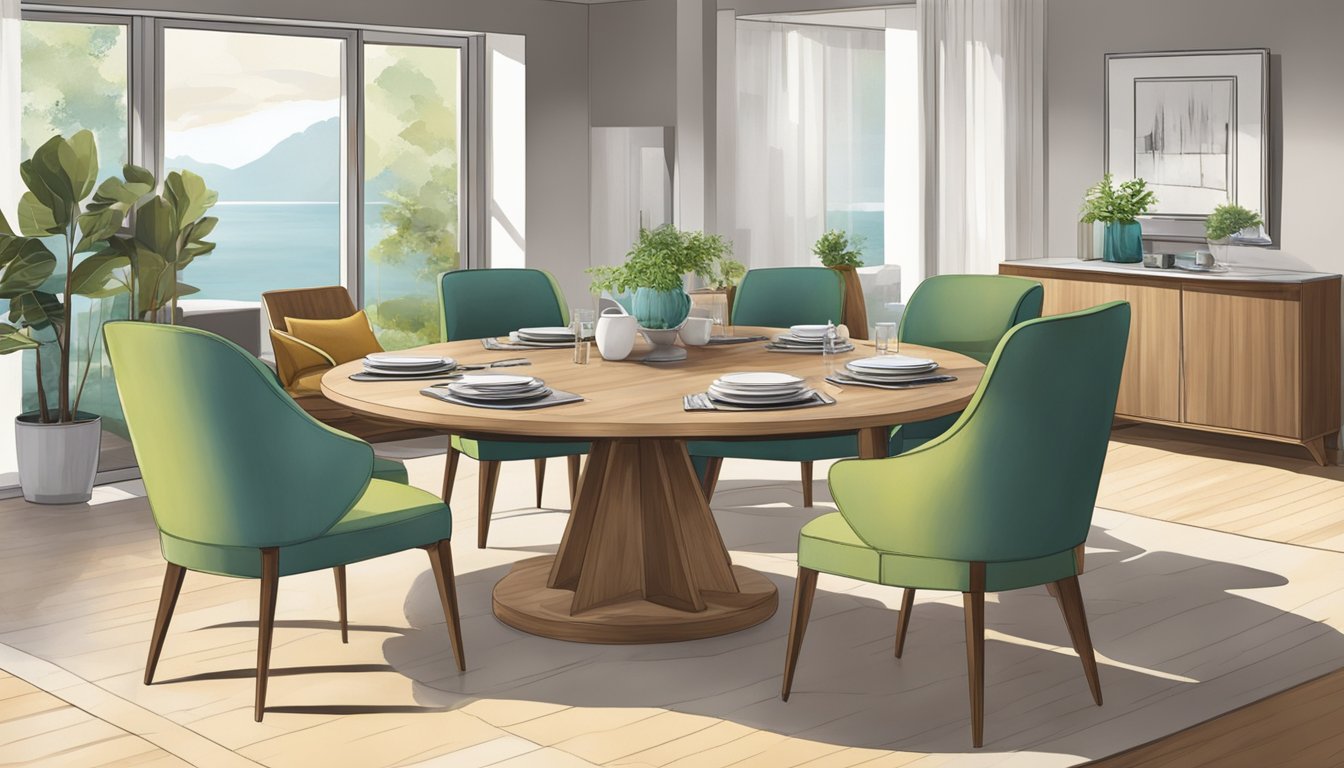 A customer selects a round dining table set from a showroom display