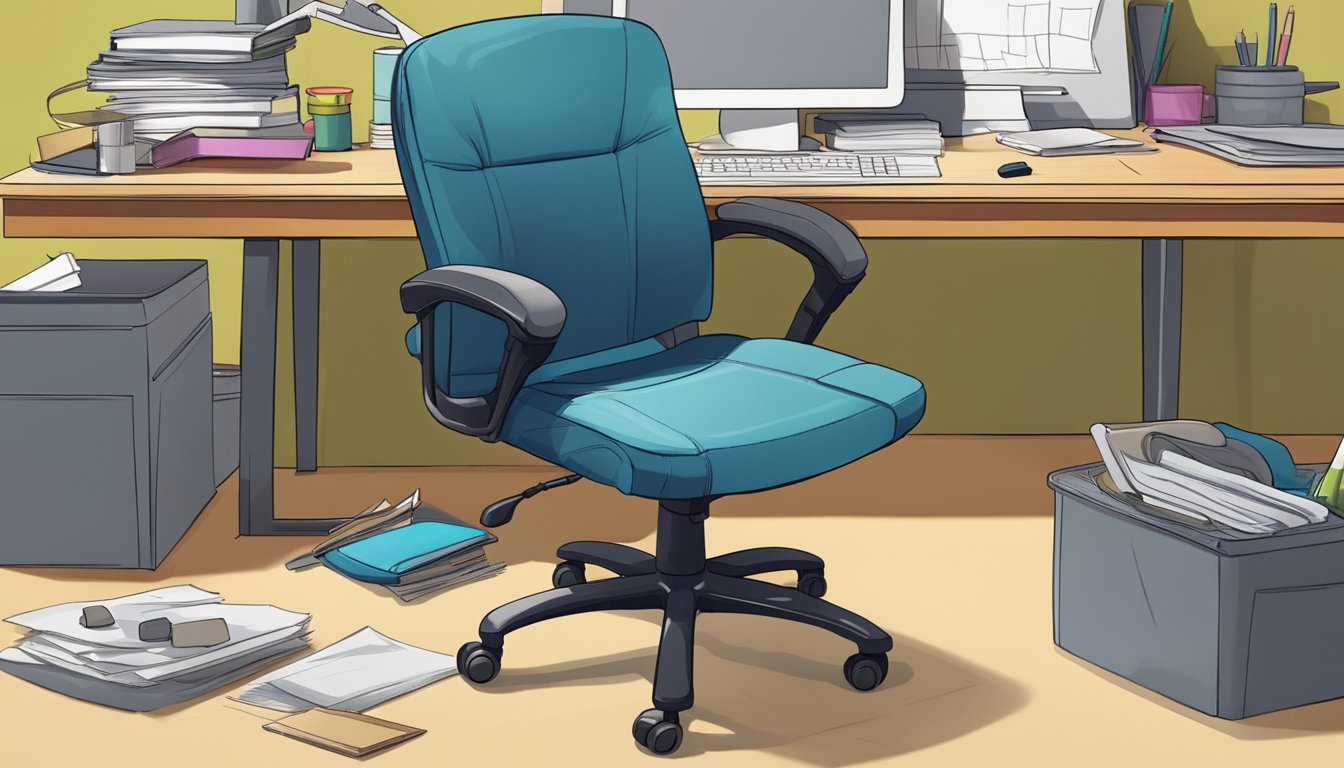 A small office chair sits empty in front of a cluttered desk. The chair is worn and has a few scuff marks, suggesting it has seen many hours of use