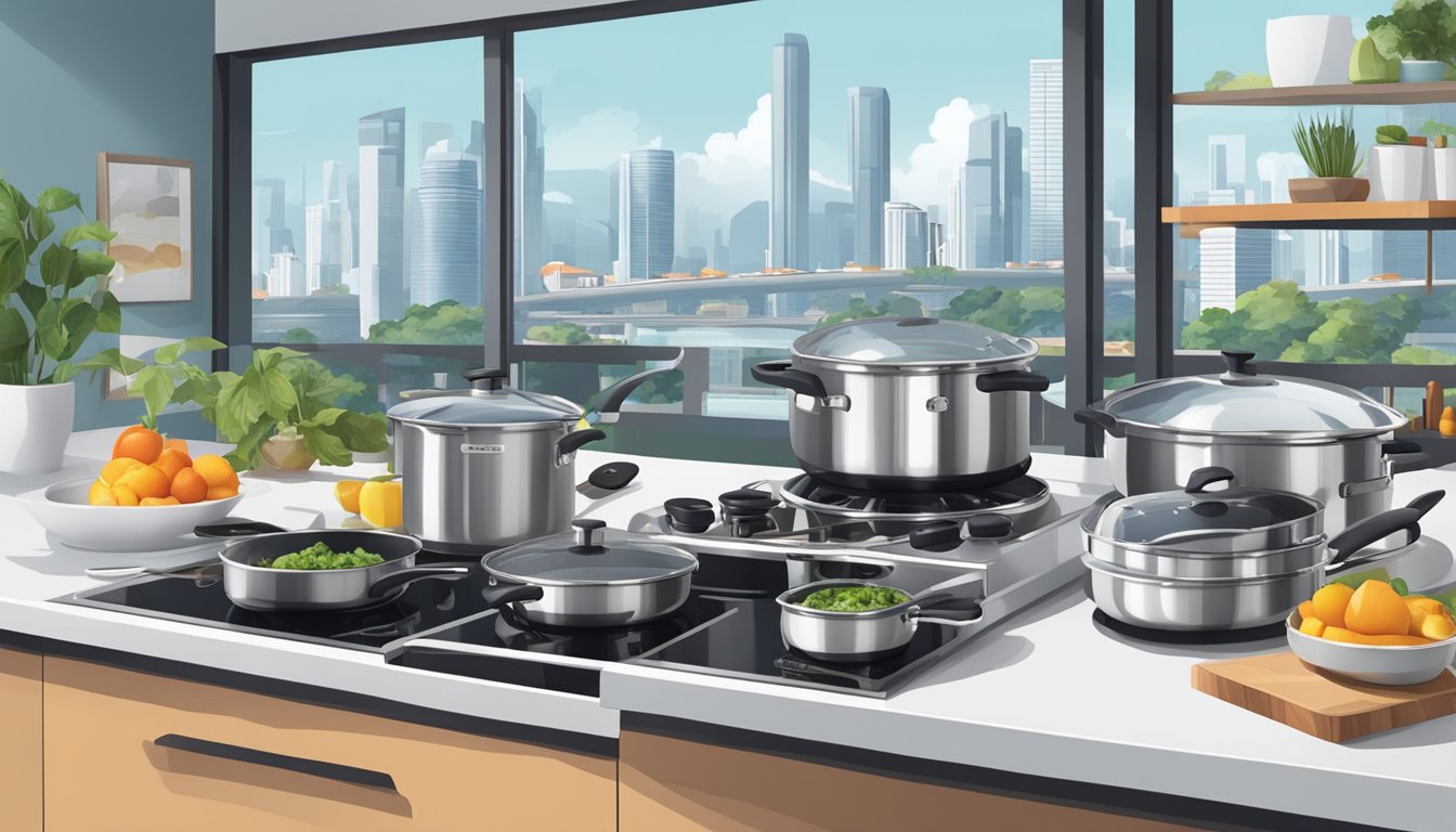 A kitchen counter with a variety of induction pots and pans neatly arranged, with a sleek and modern design, set against a backdrop of a bustling Singapore cityscape