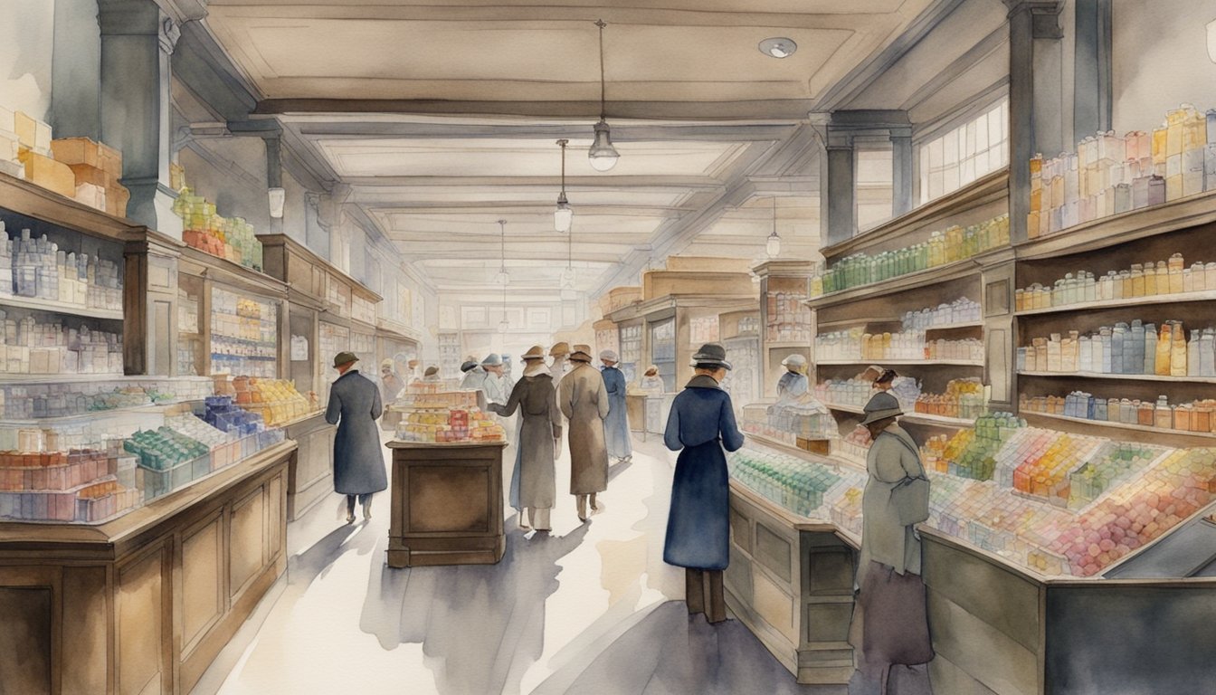 A bustling early 20th century retail store with shelves stocked with a variety of products and customers browsing through the aisles