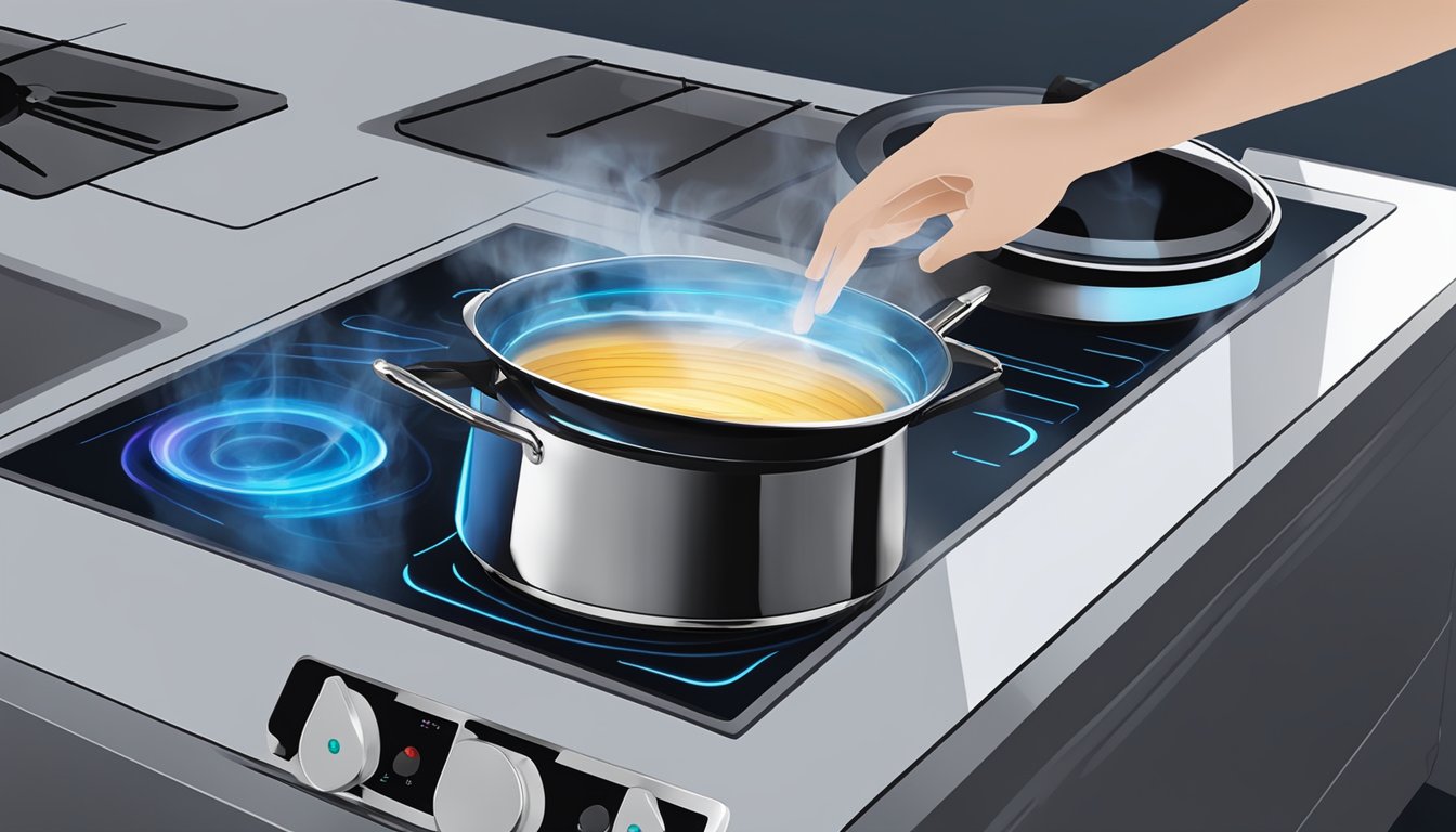 A hand placing an induction pot on a sleek, glass cooktop. Blue flames flicker beneath the pot, indicating the use of induction technology