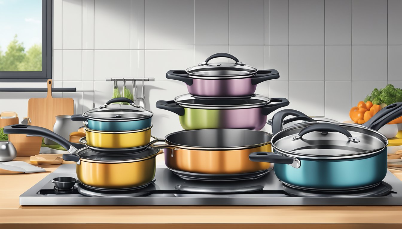 A stack of induction pots and pans displayed in a modern kitchen setting