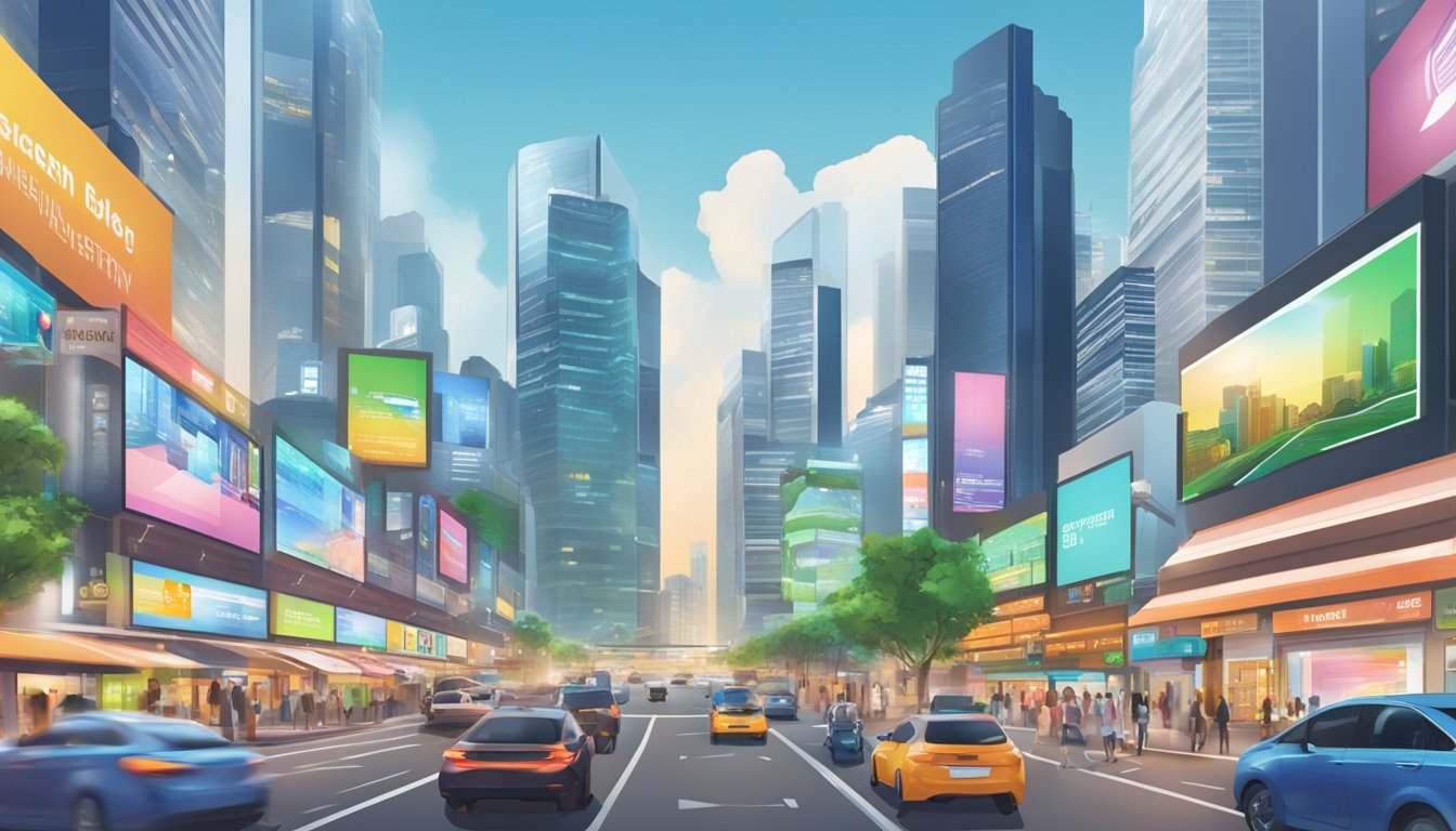 A bustling Singapore cityscape with digital marketing ads displayed on screens and billboards, representing the thriving industry