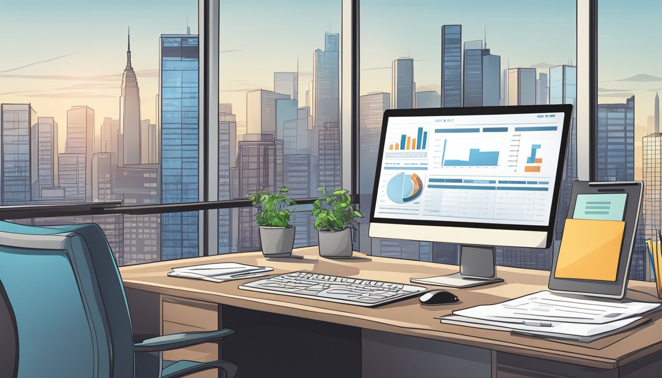 An office desk with a computer, charts, and a salary survey report. A city skyline in the background