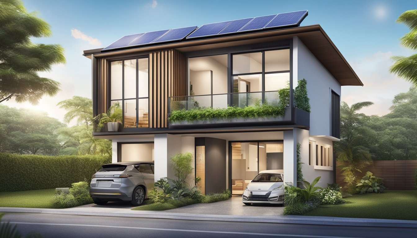 A modern, sustainable home renovation in Singapore. Solar panels on the roof, energy-efficient appliances, and eco-friendly materials