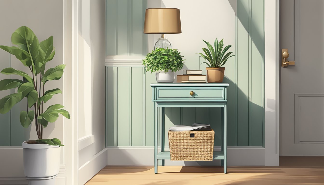 A side table with a drawer sits against a wall, next to a lamp and a small potted plant