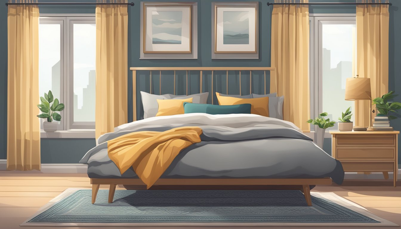 A cozy bedroom with a neatly made bed, a nightstand with a lamp, a window with curtains, and a rug on the floor