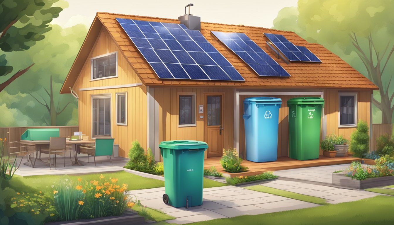 A family home with solar panels, energy-efficient appliances, and water-saving fixtures. Recycling bins and composting area in the backyard. Eco-friendly materials used in renovation