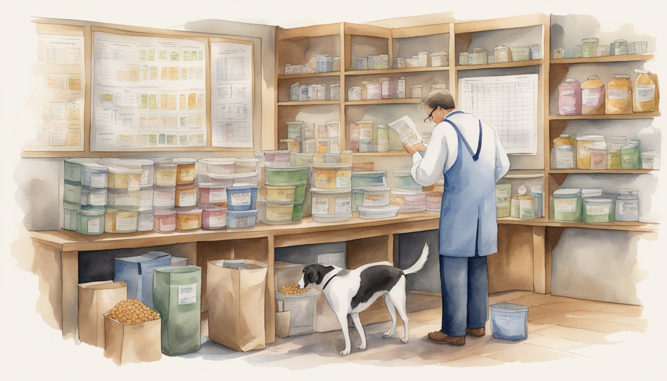 A veterinarian examines a dog's medical chart, surrounded by bags of specialized kidney-friendly dog food