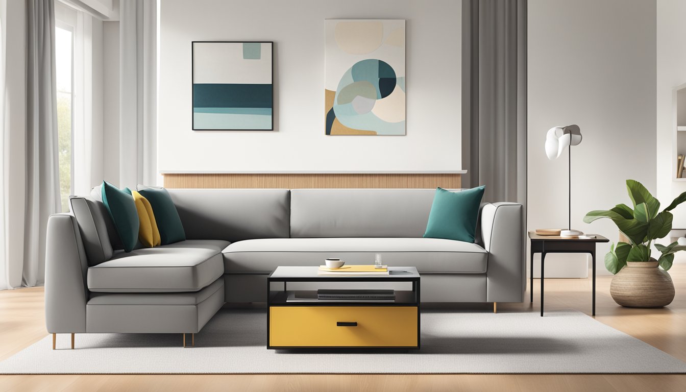 A side table with a drawer, clean lines, and minimalist design, placed next to a modern sofa in a well-lit living room