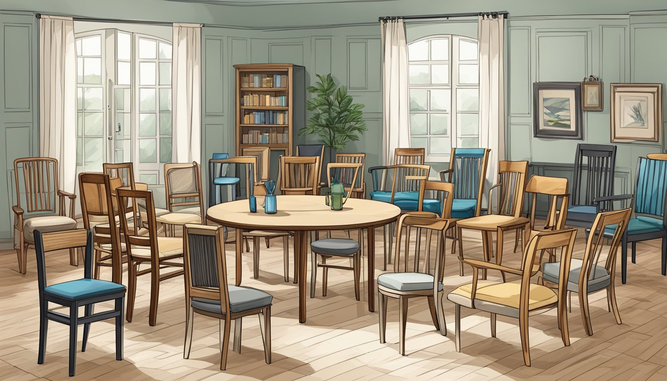 Various chairs: wooden, metal, upholstered. Some are armchairs, others are folding or rocking chairs. They are arranged in a circle, some empty, some occupied