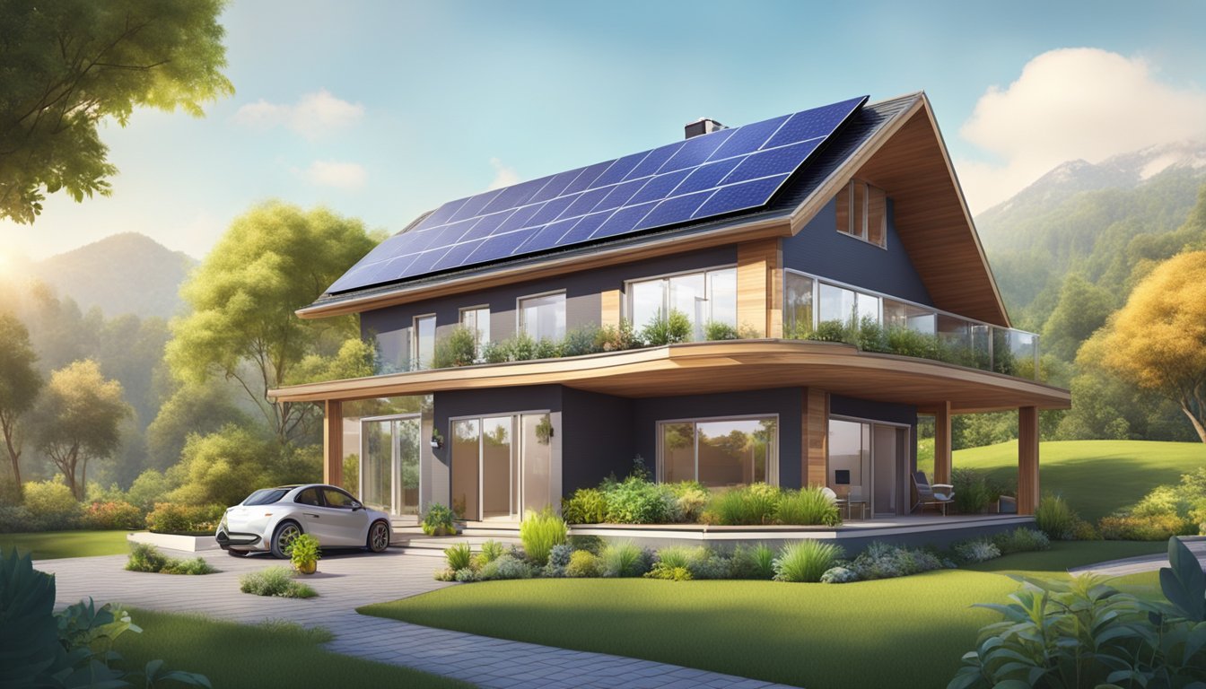 A modern, eco-friendly home with solar panels, energy-efficient appliances, and a lush garden. The house showcases sustainable materials and smart technology